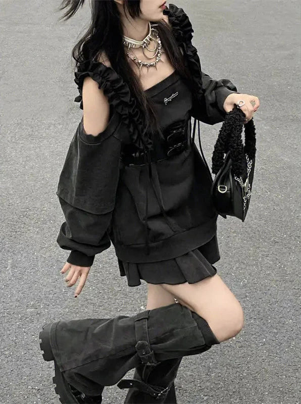 Harajuku Punk Aesthetic Outfit Set - Dress & Leg Warmers for Y2K Fashion Lovers