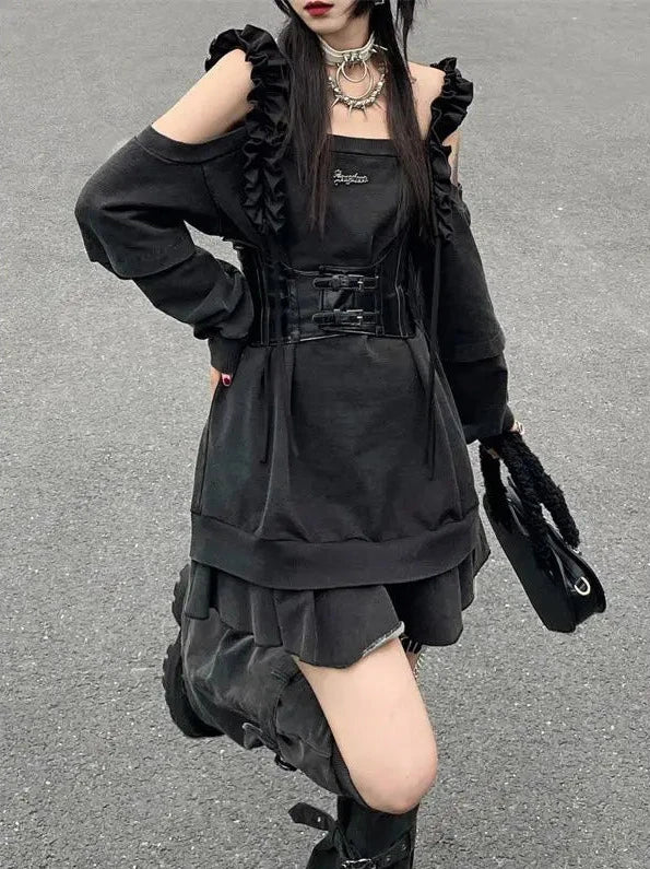 Harajuku Punk Aesthetic Outfit Set - Dress & Leg Warmers for Y2K Fashion Lovers