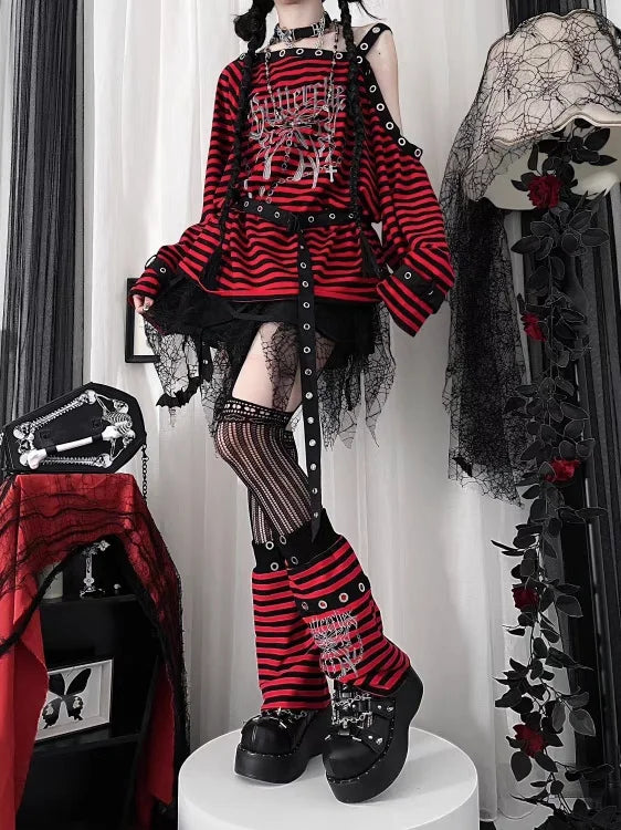 Harajuku Punk Striped Top with Cozy Leg Warmers for Y2K Aesthetic Outfits