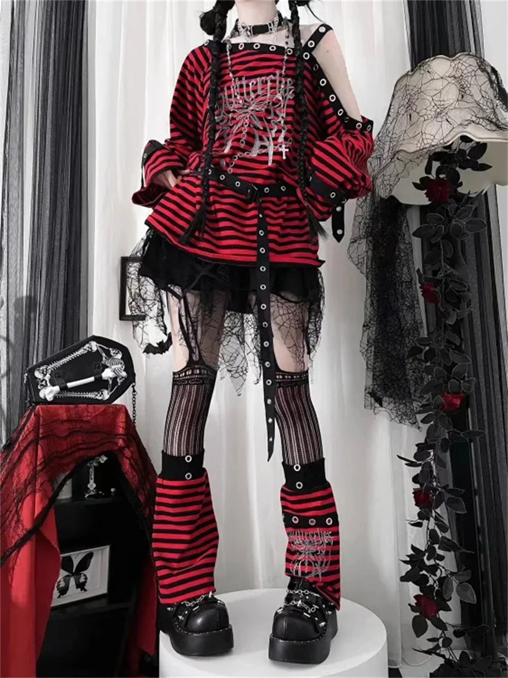 Harajuku Punk Striped Top with Cozy Leg Warmers for Y2K Aesthetic Outfits