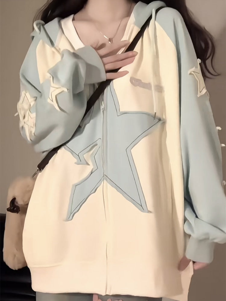 Harajuku Star Y2K Aesthetic Zip Up Hoodie - Cute Grunge Style for Trendy Outfits