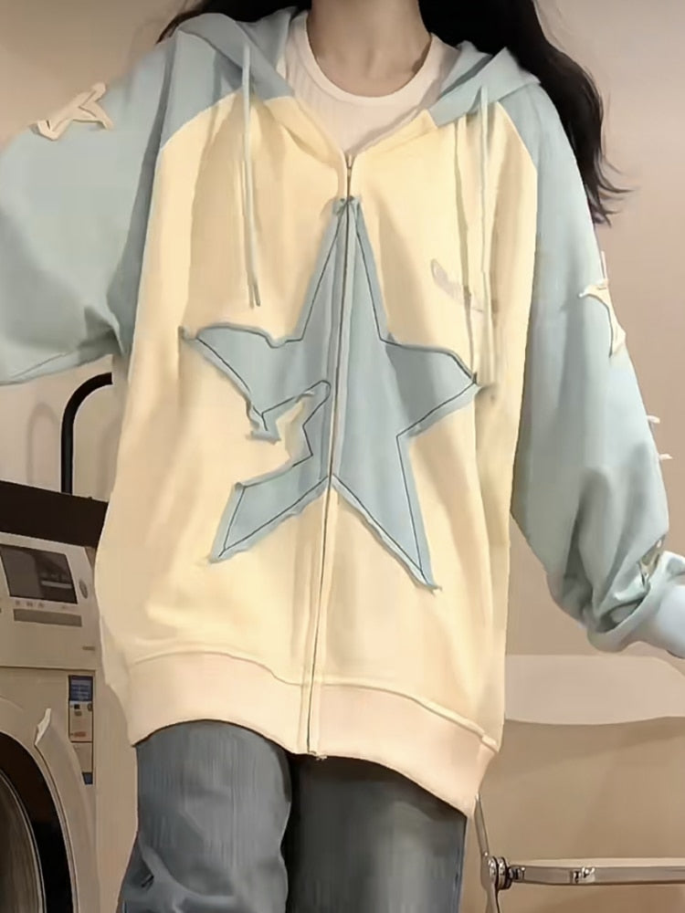 Harajuku Star Y2K Aesthetic Zip Up Hoodie - Cute Grunge Style for Trendy Outfits