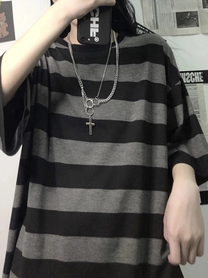 Harajuku Striped Oversized T-Shirt - Y2K Aesthetic Cute Top for Comfy Street Style