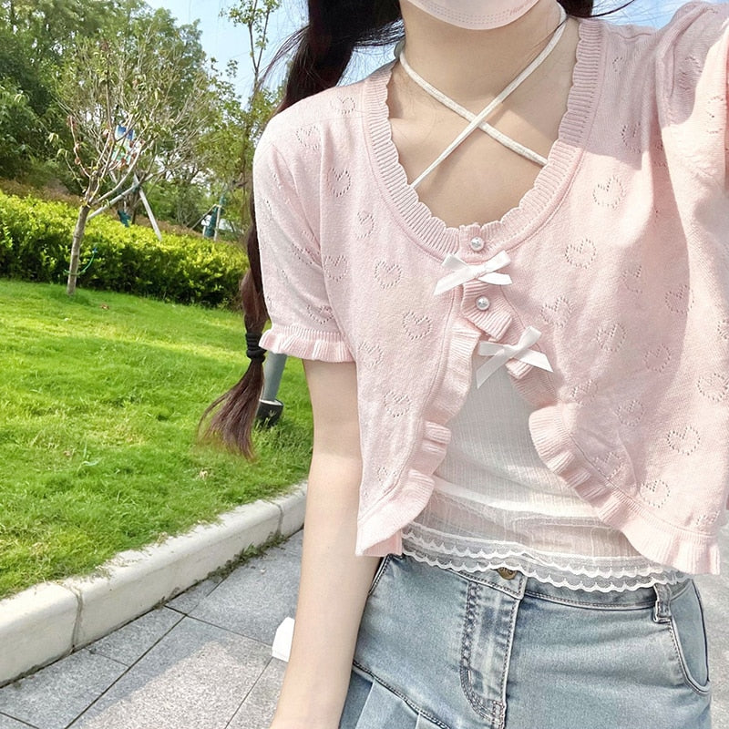 Harajuku Sweet Lolita Coquette Aesthetic Baby Pink Pointelle Heart Short Sleeve Cardigan