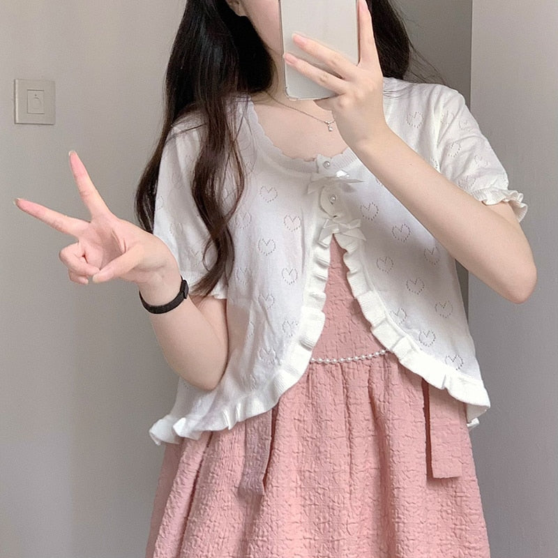 Harajuku Sweet Lolita Coquette Aesthetic Baby Pink Pointelle Heart Short Sleeve Cardigan