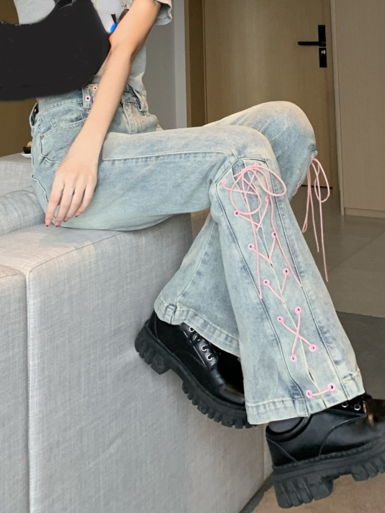 Harajuku Y2K Flare Jeans with Pink Corset Lacing - Trendy Y2K Aesthetic Denim Pants