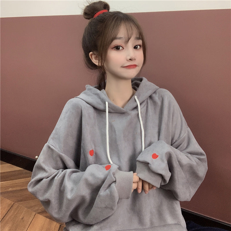 Heart Pattern Embroidered Y2K Casual Hoodie for Coquette and Grunge Aesthetic Lovers