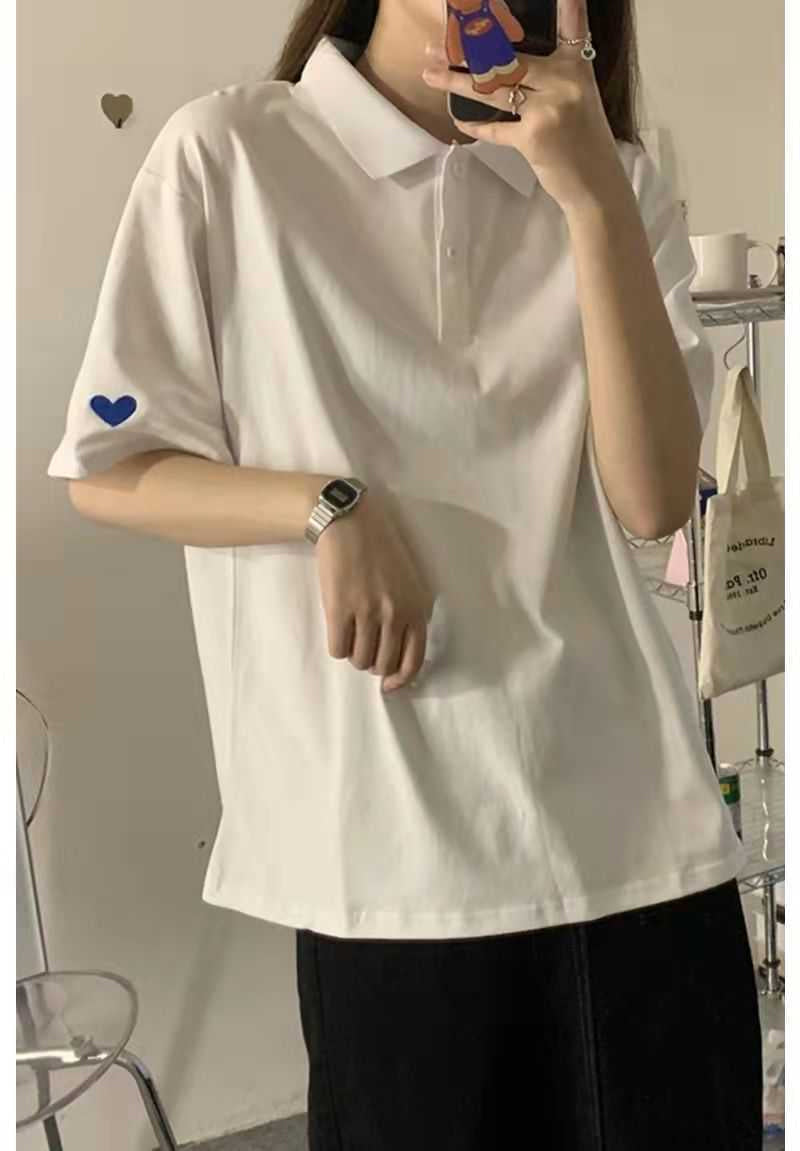 Heart Pattern Sleeve Embroidered Collar Shirt - Y2K Aesthetic Cute Top for Stylish Outfits