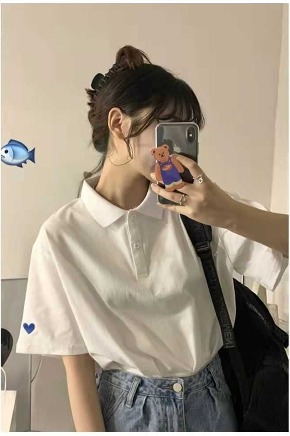 Heart Pattern Sleeve Embroidered Collar Shirt - Y2K Aesthetic Cute Top for Stylish Outfits