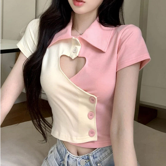 Heart-Shaped Hole Cropped Polo Top - Y2K Aesthetic Cute Slim Fit Shirt for Stylish Outfits