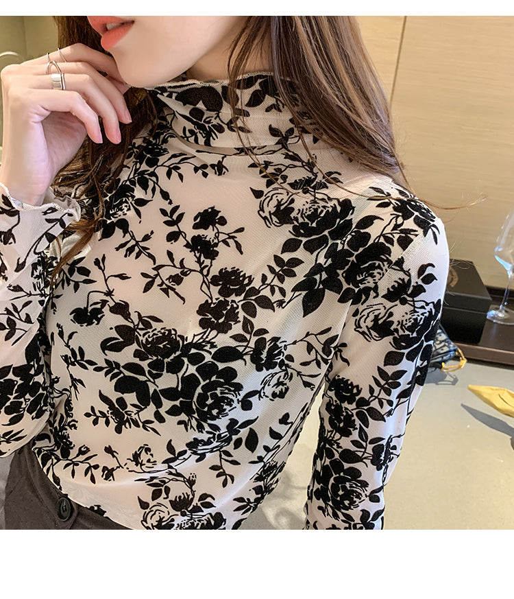 High Neck Floral Mesh Long Sleeve Top - Y2K Aesthetic Sheer Cute Shirt for Stylish Outfits