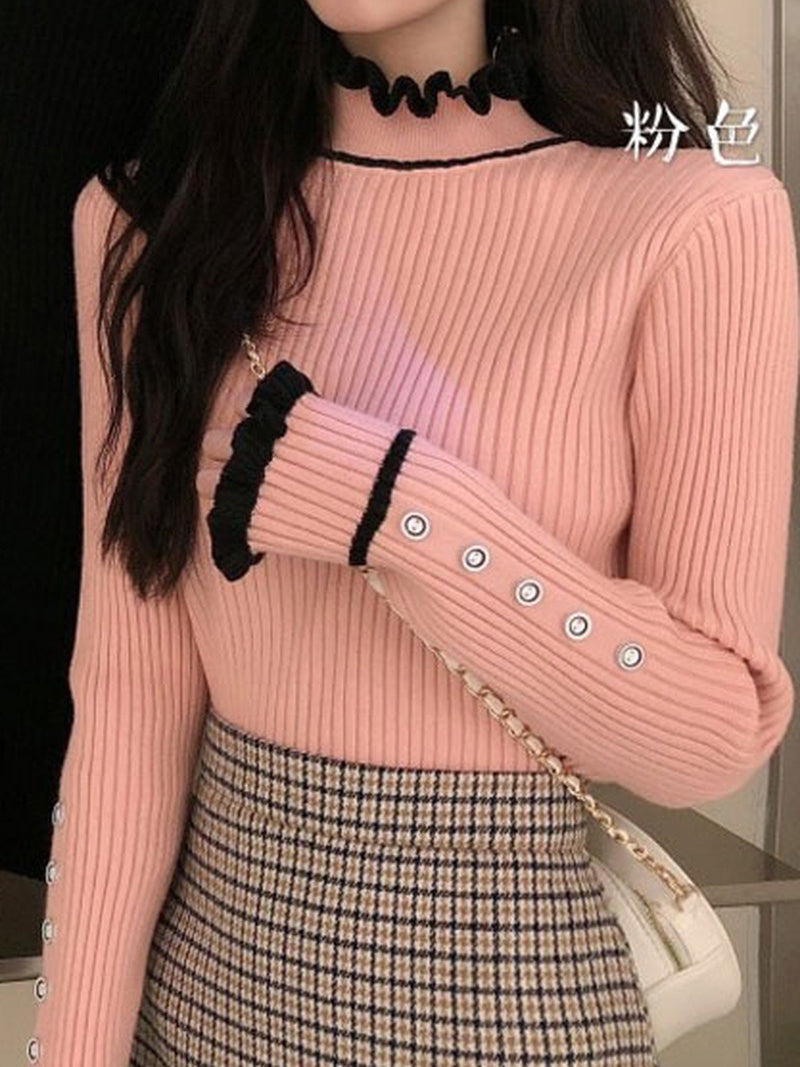 High Neck Lace Knitted Button Sweater - Y2K Aesthetic Cozy Top for Chic Outfits