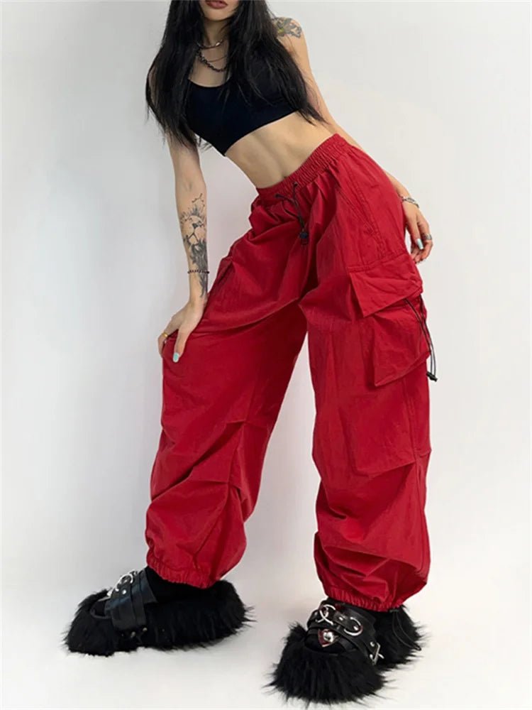 High-Waisted Cargo Track Pants for Y2K Aesthetic and Grunge Style Outfits