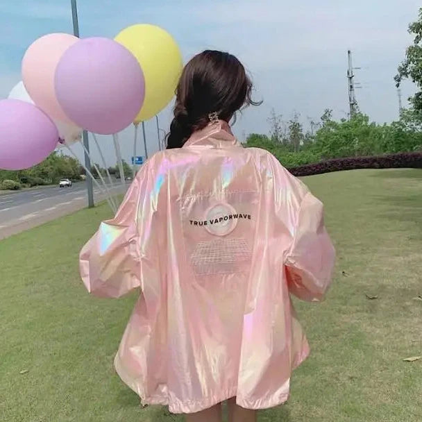 Holographic Oversized Sunblock Zipper Coat for Y2K Aesthetic and Coquette Style