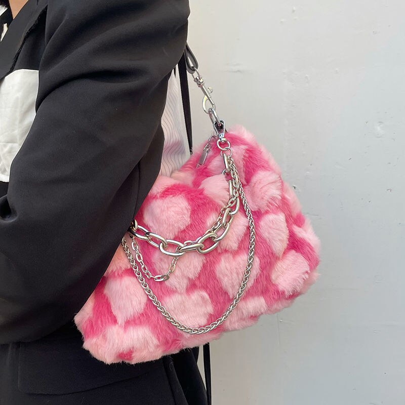 Hot Pink Heart Fur Shoulder Bag - Harajuku Kawaii Aesthetic Coquette Y2K Barbiecore Style