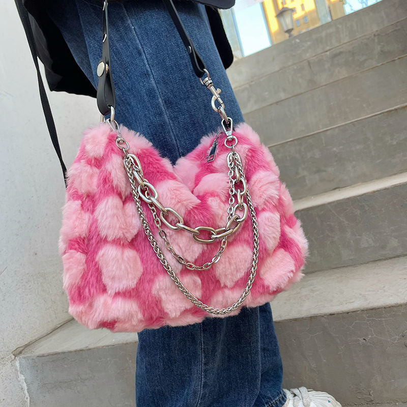 Hot Pink Heart Fur Shoulder Bag - Harajuku Kawaii Aesthetic Coquette Y2K Barbiecore Style