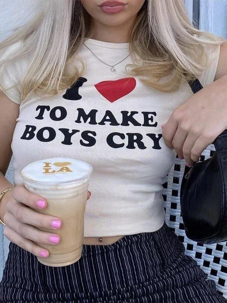 I Love To Make Boys Cry Y2K Graphic Tee - Cute Grunge Aesthetic Top for Trendy Outfits