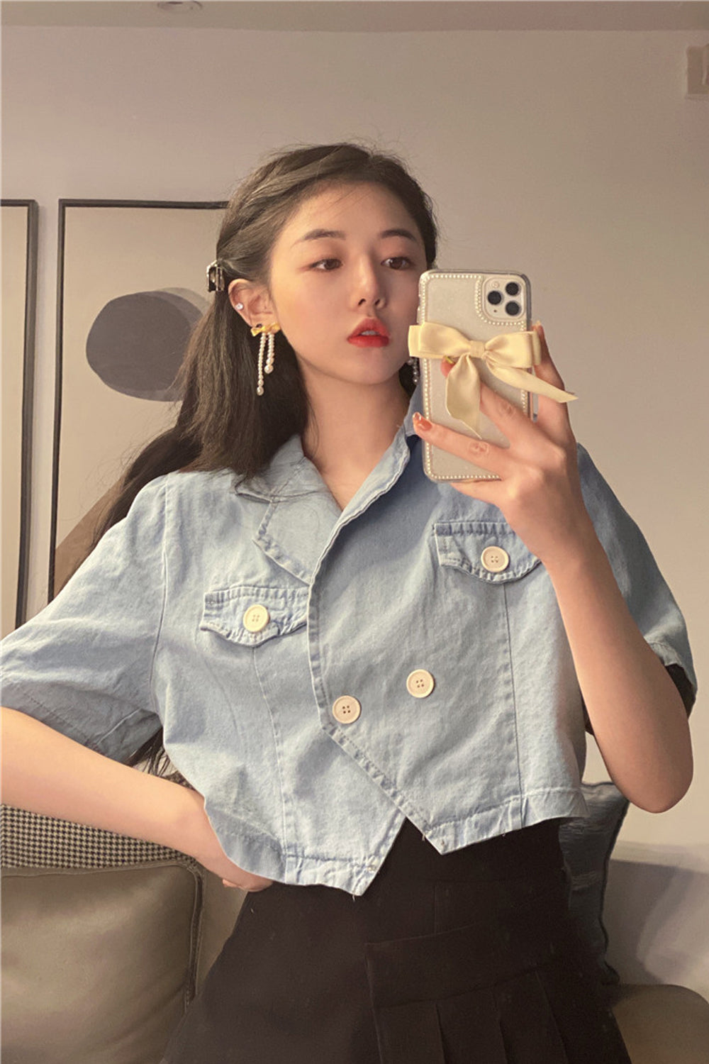 Irregular Hem Short Sleeve Denim Shirt - Y2K Aesthetic Casual Top for Trendy Outfits