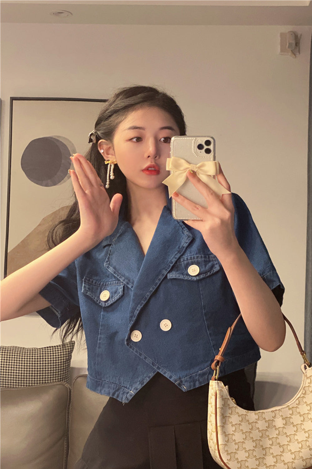 Irregular Hem Short Sleeve Denim Shirt - Y2K Aesthetic Casual Top for Trendy Outfits