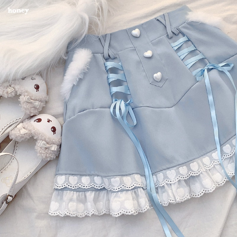 Kawaii Aesthetic Baby Blue Corset Skirt with Heart Lacing and Lace Trim for Y2K Fashion