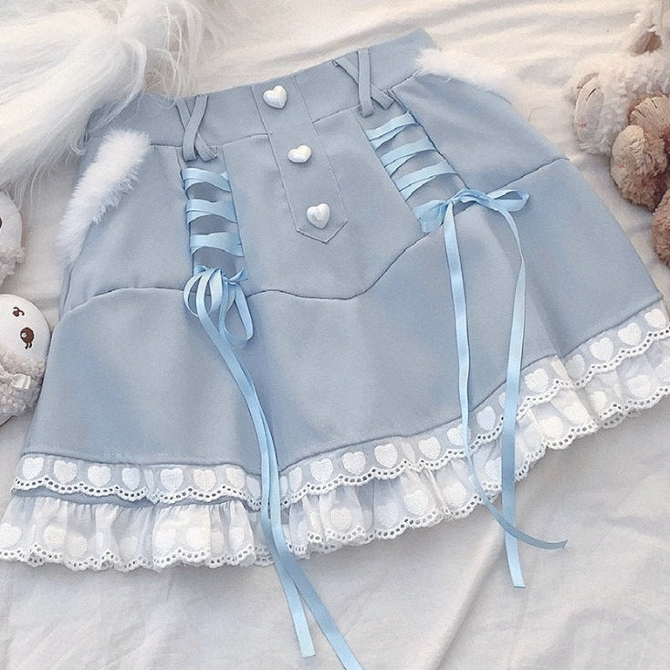 Kawaii Aesthetic Baby Blue Corset Skirt with Heart Lacing and Lace Trim for Y2K Fashion