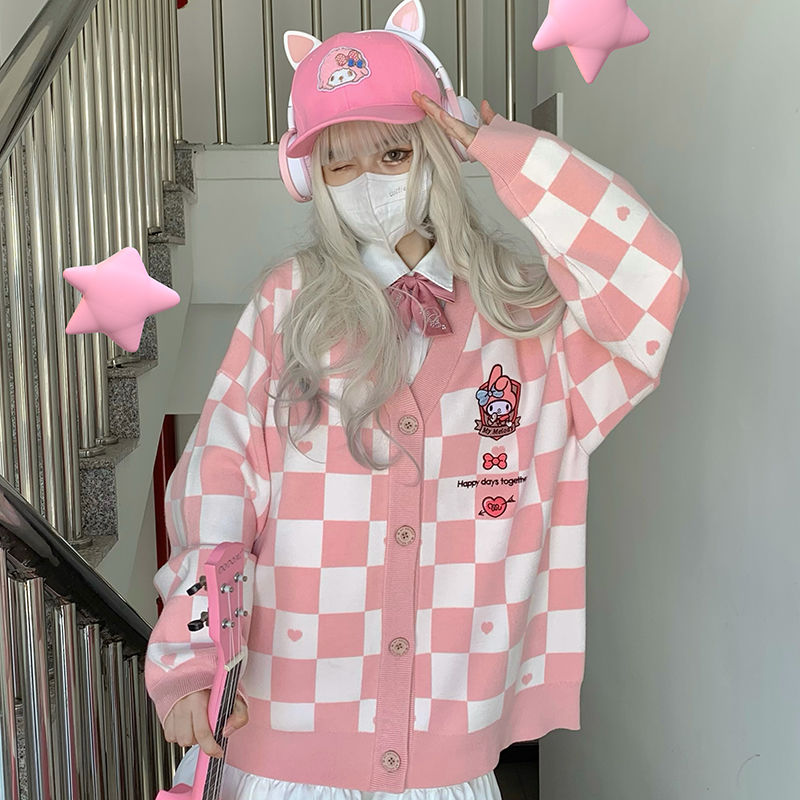 Kawaii Aesthetic Checkered Knit Cardigan featuring My Melody, Kuromi, Pompompurin & Cinnamoroll