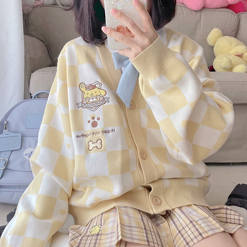 Kawaii Aesthetic Checkered Knit Cardigan featuring My Melody, Kuromi, Pompompurin & Cinnamoroll