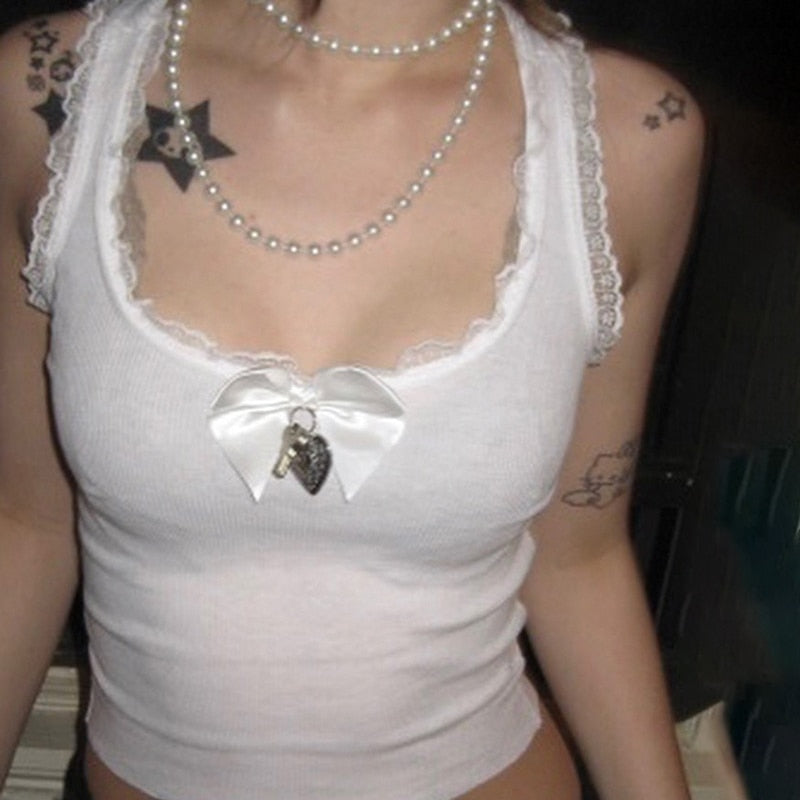 Kawaii Aesthetic Coquette Dollette Silver Heart Charm White Tank Top for Balletcore Style