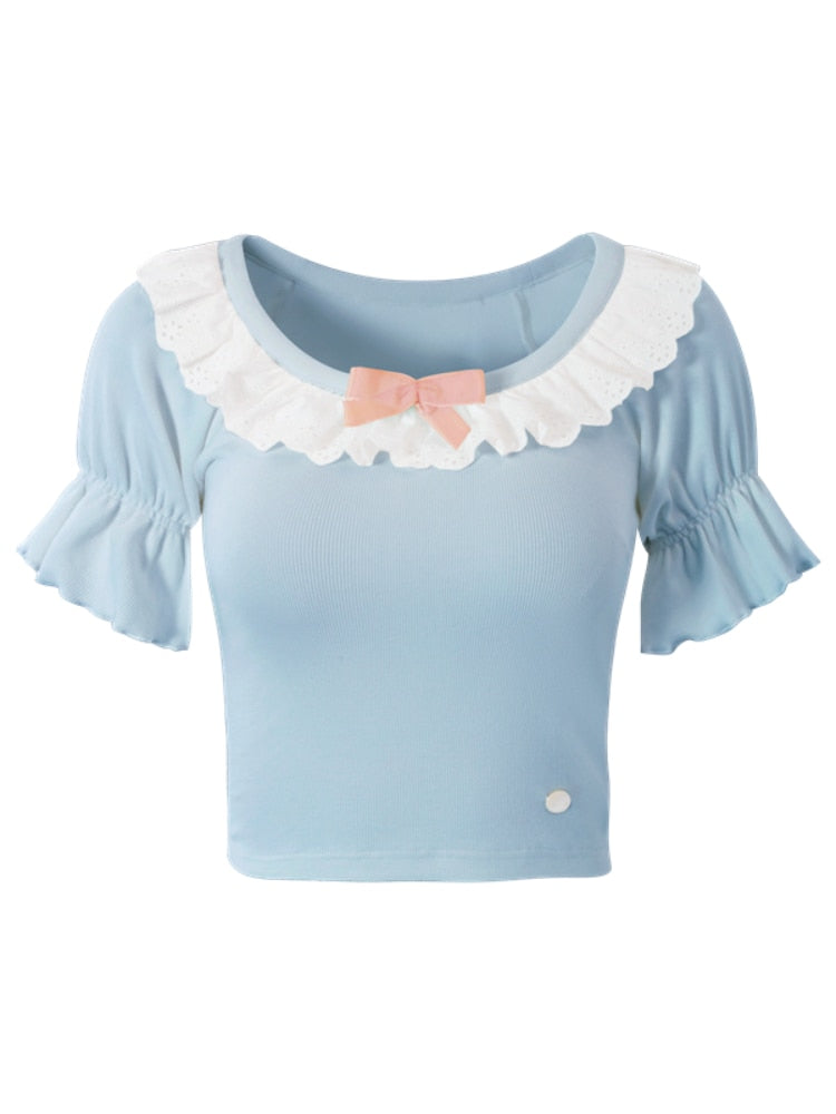 Kawaii Aesthetic Coquette Lace Neckline Rib Knit Blouse - Cute Y2K Fashion Top