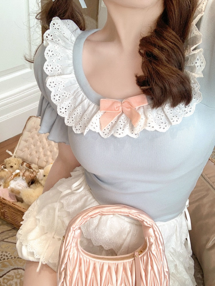 Kawaii Aesthetic Coquette Lace Neckline Rib Knit Blouse - Cute Y2K Fashion Top