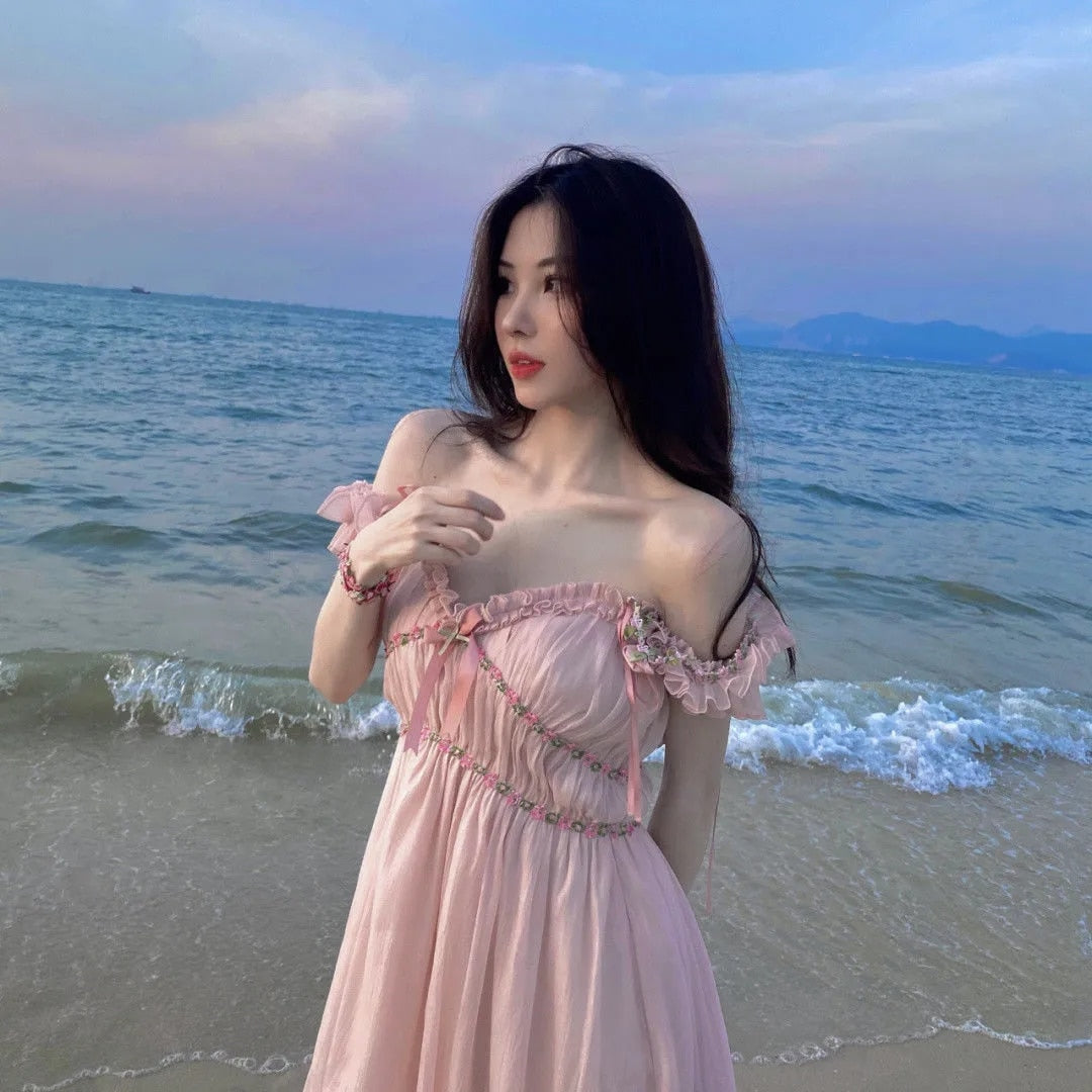 Kawaii Aesthetic Coquette Mermaidcore Pink Midi Dress for Summer Vibes and Cute Outfits