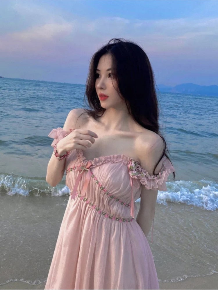 Kawaii Aesthetic Coquette Mermaidcore Pink Midi Dress for Summer Vibes and Cute Outfits