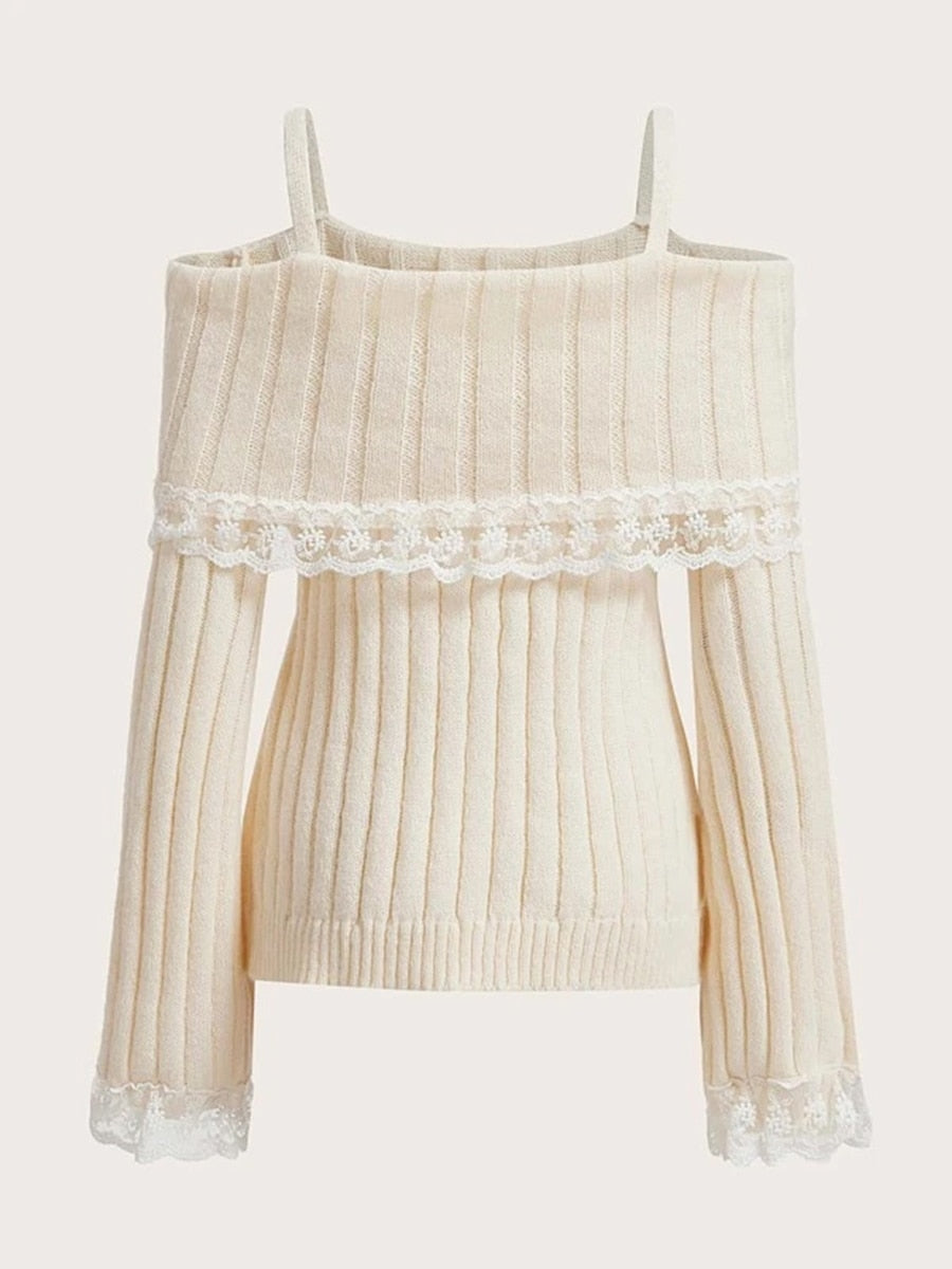 Kawaii Aesthetic Coquette Off-Shoulder Sweater with Lace Trim for Cute Outfits