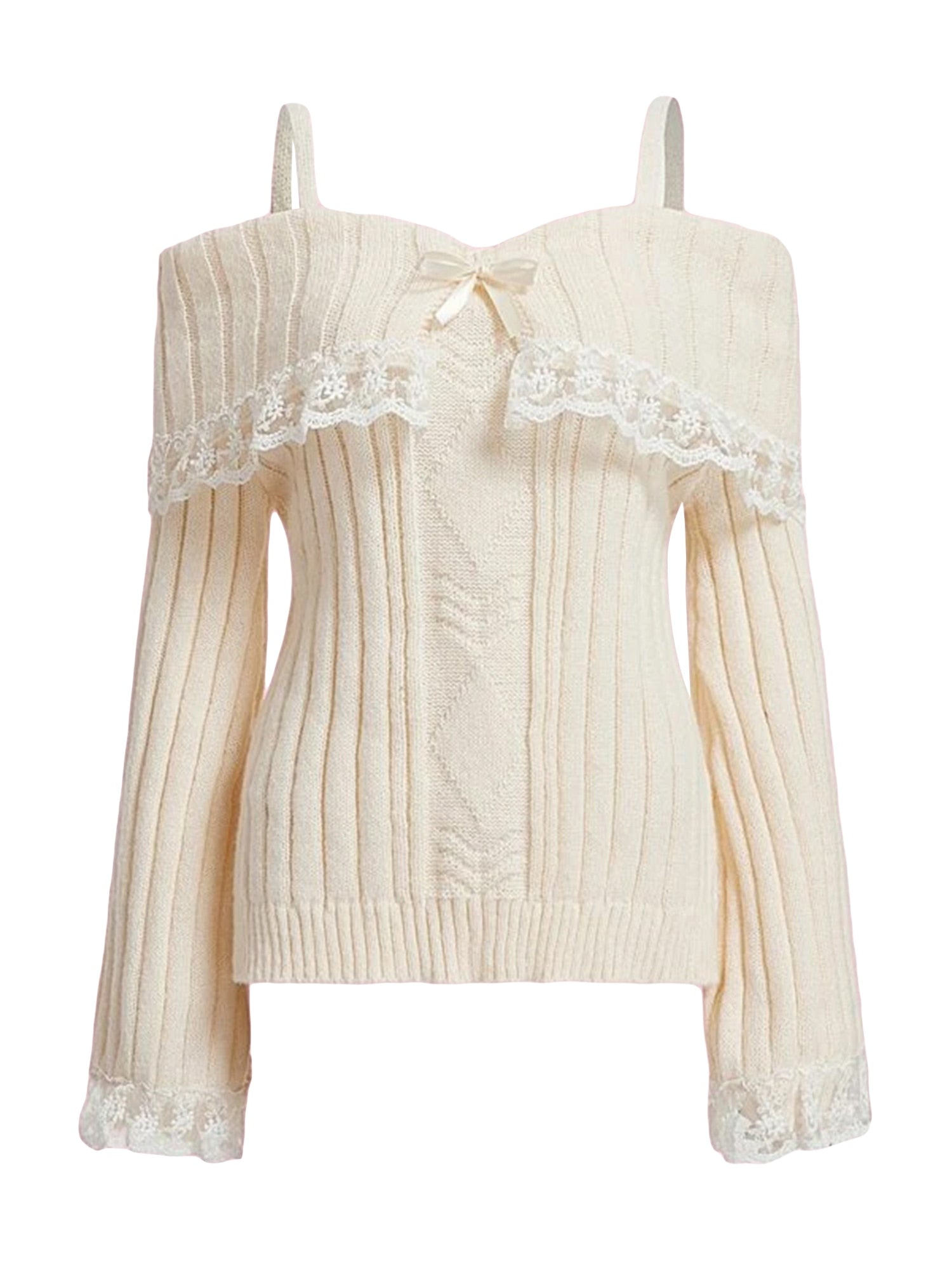 Kawaii Aesthetic Coquette Off-Shoulder Sweater with Lace Trim for Cute Outfits