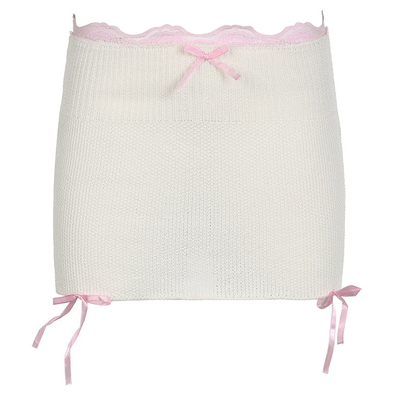 Kawaii Aesthetic Coquette Soft Girl Bow Knit Balletcore Mini Skirt for Cute Outfits