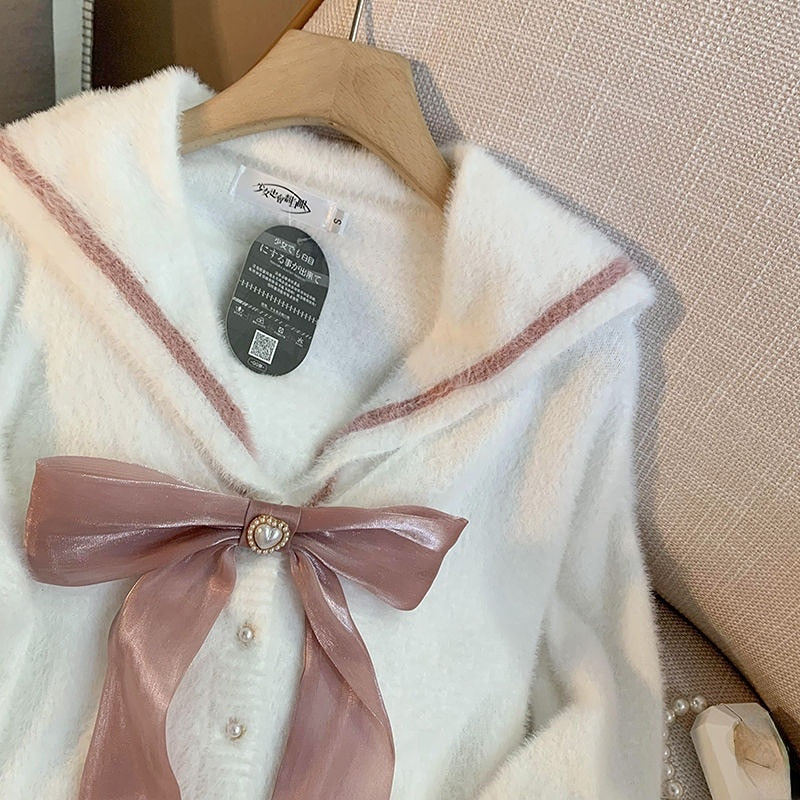 Kawaii Aesthetic Coquette Soft Girl Pink Bow Sailor Collar Fuzzy White Cardigan