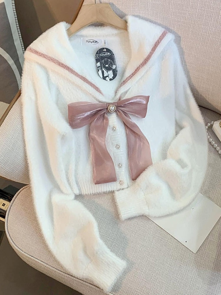 Kawaii Aesthetic Coquette Soft Girl Pink Bow Sailor Collar Fuzzy White Cardigan