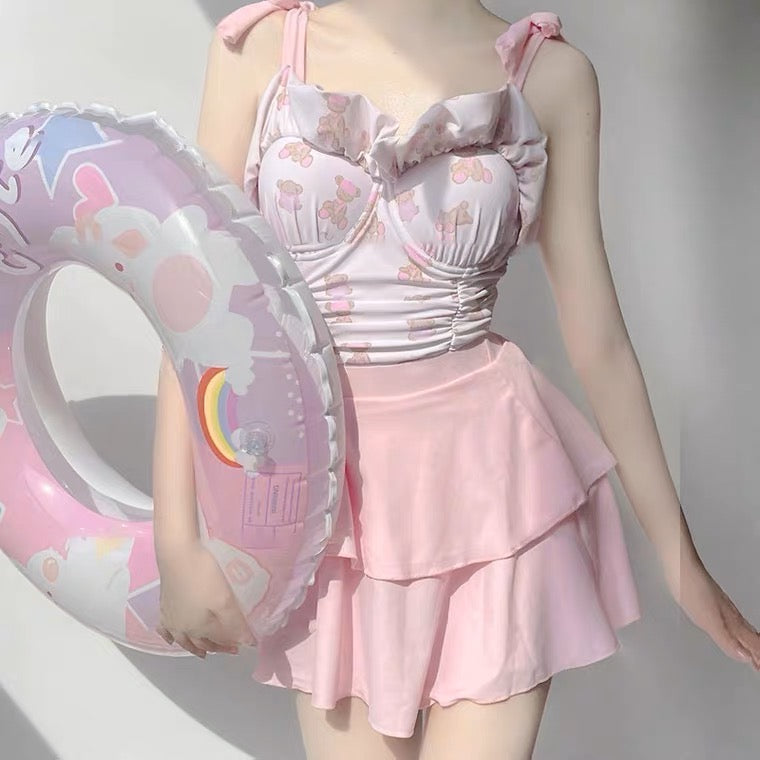 Kawaii Aesthetic Cute Pink One-Piece Swimsuit with Skirt for Y2K Fashion Lovers