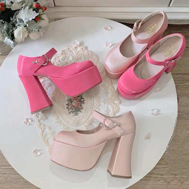 Kawaii Aesthetic Heart Buckle Sweet Lolita Heels for Coquette and Y2K Fashion Lovers