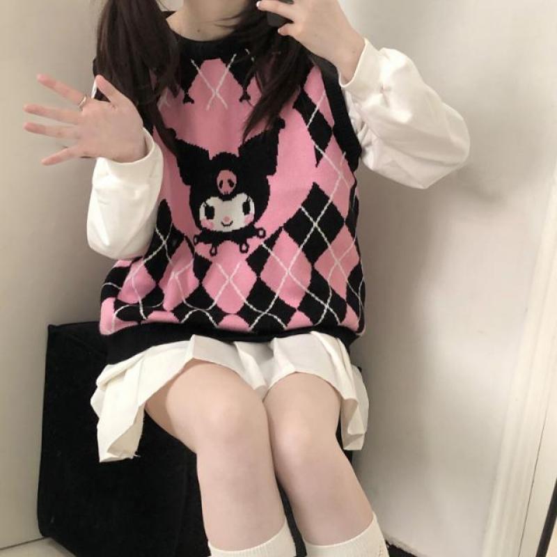 Kawaii Aesthetic Kuromi Argyle Sweater Vest for Cozy Y2K Fashion Looks