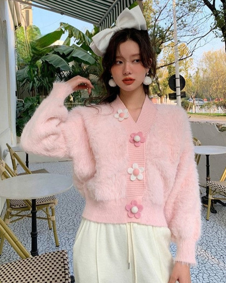 Kawaii Aesthetic Oversized Flower Button Fuzzy Cardigan in Cozy Korean Style