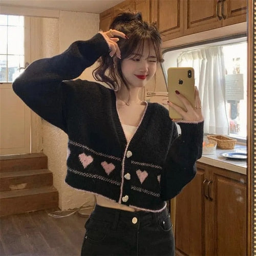 Kawaii Aesthetic Pink Heart Cardigan - Y2K Style Cute Layering for Cozy Outfits