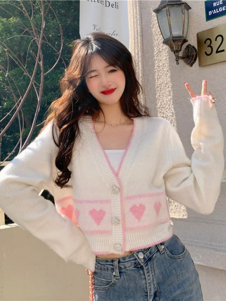 Kawaii Aesthetic Pink Heart Cardigan - Y2K Style Cute Layering for Cozy Outfits