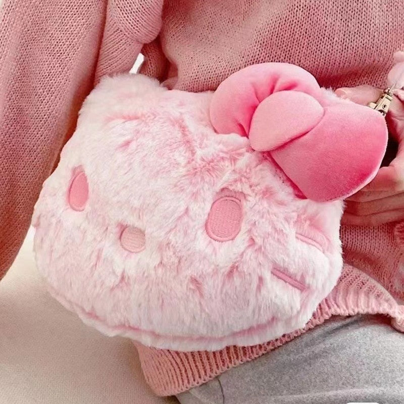 Kawaii Aesthetic Plush Pink Hello Kitty Crossbody Bag for Cute Outfits and Y2K Style