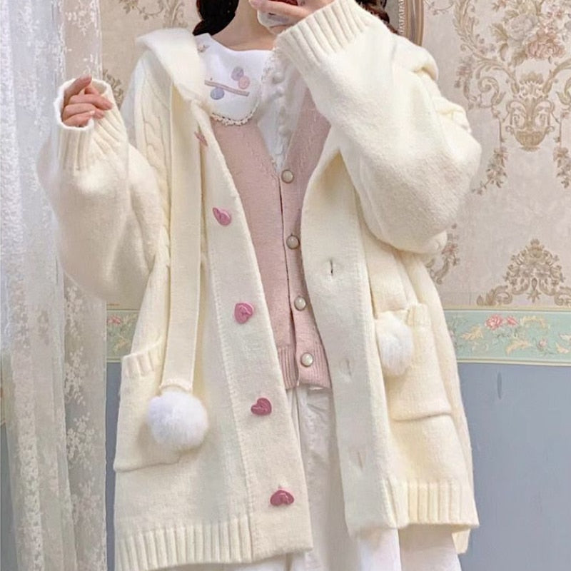 Kawaii Aesthetic Soft Girl Oversized Cozy Knit Cardigan in Japanese Sweet Lolita Style