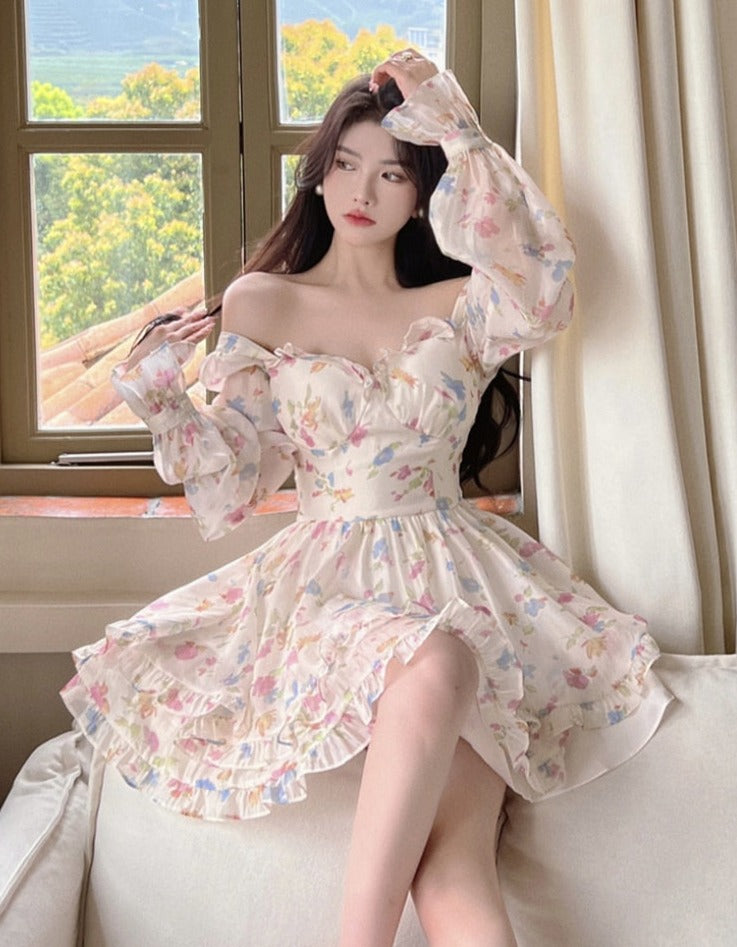 Kawaii Aesthetic Soft Girl Pastel Floral Sweetheart Neckline Dress for Y2K Style Lovers