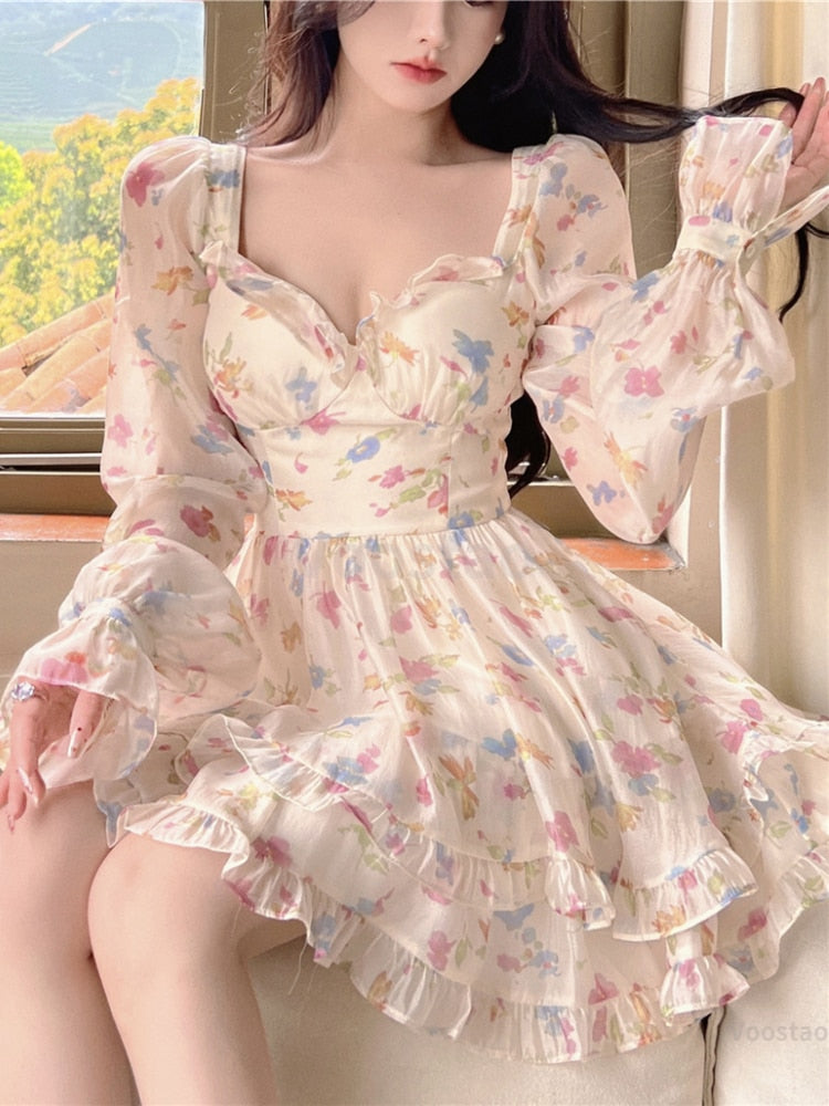 Kawaii Aesthetic Soft Girl Pastel Floral Sweetheart Neckline Dress for Y2K Style Lovers