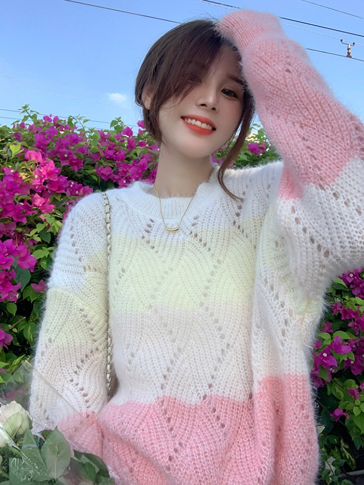 Kawaii Aesthetic Soft Girl Pastel Gradient Knit Sweater for Cozy Y2K Fashion Vibes