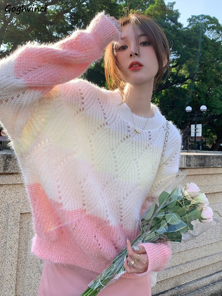 Kawaii Aesthetic Soft Girl Pastel Gradient Knit Sweater for Cozy Y2K Fashion Vibes