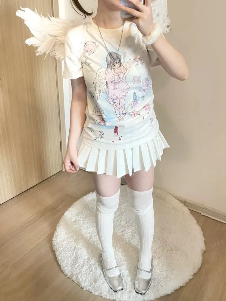 Kawaii Angel Print Tee - Adorable Y2K Aesthetic Top for Cute Outfits and Comfy Style